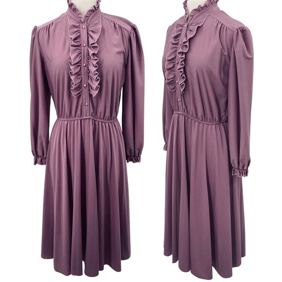 Vintage Dresses & Skirts - Vintage 70s Ruffled Shirt Dress Long Sleeve Blouson Fit & Flare Pink Purple 10